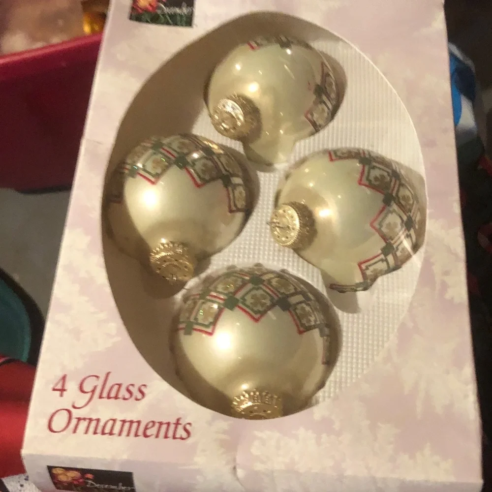 Holiday Glass Ornaments Set - Pearl White with Gold Accents